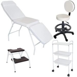 Kit Estética Branco Maca 3 posições Mocho, Escada e Carrinho